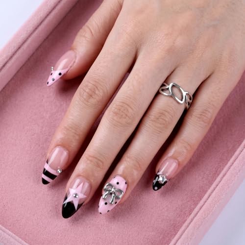 Medium Almond Press On Nails Pink Black with Y2K 3D Star Polka Dots Stripe - color: Style29