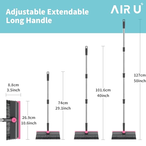 AIR U+ Floor Scrub Brush with Long Handle, 3-in-1 Rotating Head & Squeegee - color: Gray and Pink, size: 1 PACK