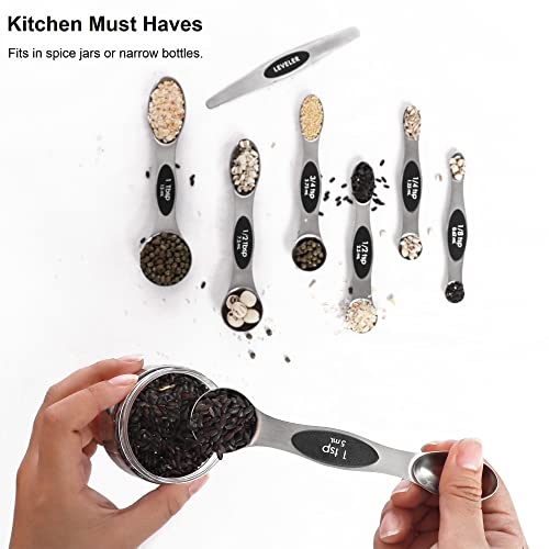Magnetic Measuring Spoons Set with Leveler, Stackable Stainless Steel Tablespoons for Baking, Fits in Spice Jars - color: Silver