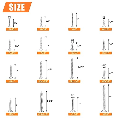 525 Pieces #4#6#8#10#12 Wood Screws Set, HELIFOUNER 16 Sizes Phillips Countersunk Head Self-Tapping Screws Assortment Kit, Phillips Flat Head Wood Screws, 304 Stainless Steel - size: #4#6#8#10#12