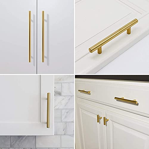 Haliwu 30 Pack 7-1/2in Gold Cabinet Handles for Kitchen Cabinet Handles | Stainless Steel, Gold Handles for Cabinets, Round T-Bar Shape, Brushed Gold Cabinet Pulls, Screws Included - size: 7-9/16 inch hole center