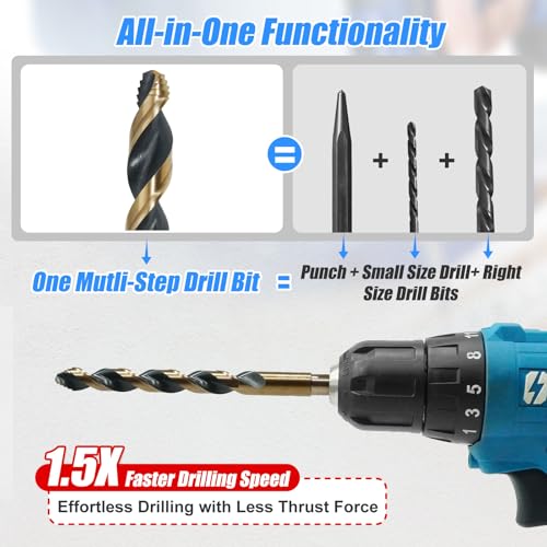 HIGHFIRE 29 Pieces HSS Stepped Point Drill Bit Set 1/16"-1/2", Gold and Black 3-Flat Shank for Metal, Steel & Acrylic - No Pilot Hole Needed - Industrial, MRO & DIY Use - size: 1/16-1/2 in Stepped Point (29 pcs)