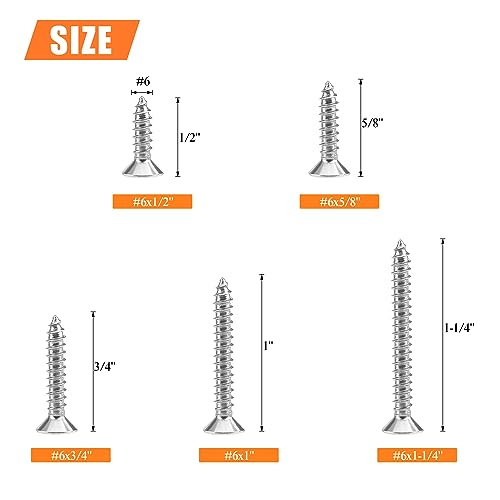 #6 x 1/2" 5/8" 3/4" 1" 1-1/4" Wood Screws Set, HELIFOUNER 160 Pieces Phillips Countersunk Head Self-Tapping Screws Assortment Kit, Phillips Flat Head Wood Screws, 304 Stainless Steel - size: #6
