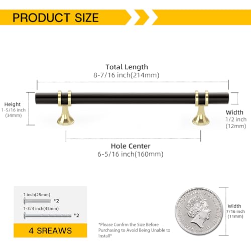 Rergy 10 Pack 6-1/4 Inch Hole Center Black and Gold Cabinet Handles - color: Black&Gold, size: 6-5/16in Hole Center(160mm)