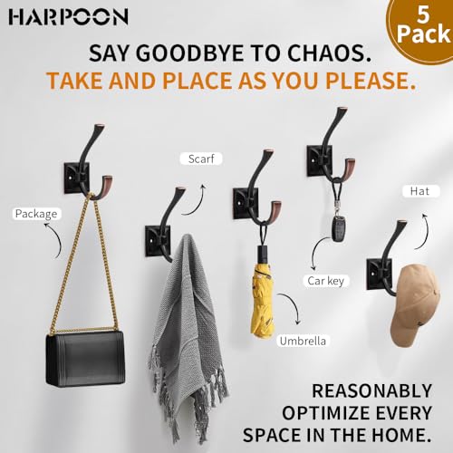 HARPOON 5 Pack Prong Hook, Heavy Duty Two Flared 4.3 inch Coat Hooks, Wall Mounted with 4 Screws, Utility Hooks Oil-Rubbed Bronze - color: Oil Rubbed Bronze