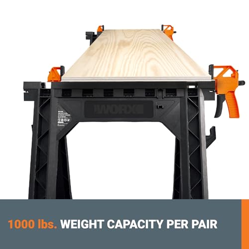 WORX Clamping Sawhorses,7 Inch Metal Triangle Ruler Included, WX065.3 - style: Clamping Sawhorses + Triangle Ruler