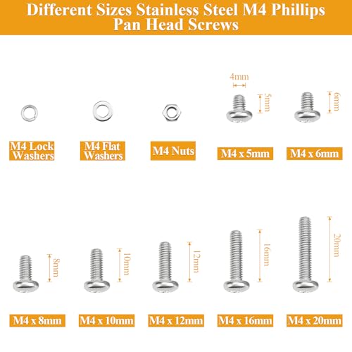 385 Pieces M4 Machine Screws Nuts Washers Set, Sutemribor M4 x 5/6/8/10/12/16/20mm Phillips Pan Head Machine Screws Nuts Washers Assortment Kit, 304 Stainless Steel, Fully Threaded - size: M4, style: Phillips Pan Head