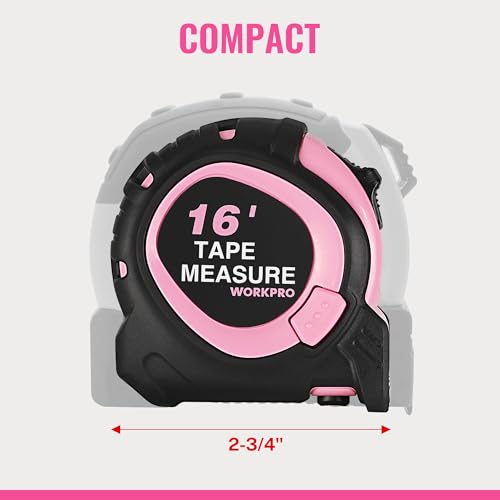 WORKPRO 16-FT Tape Measure with Fractions, 3 Brakes Retractable Measuring Tape, Compact Measurement Tape with Magnetic Hook, Nylon Coating Blade Accuracy 1/32”, Pink - size: 16-FT
