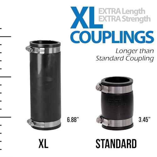 Fernco XL 1056-1502 1-1/2 in Flexible Pipe Coupling, Extra-Long 6.88 in DWV Sewer/Drain Connector, Fits OD 1.65–2.00 in, Cast Iron/PVC/Lead/Steel - size: 1.5" to 1.5"