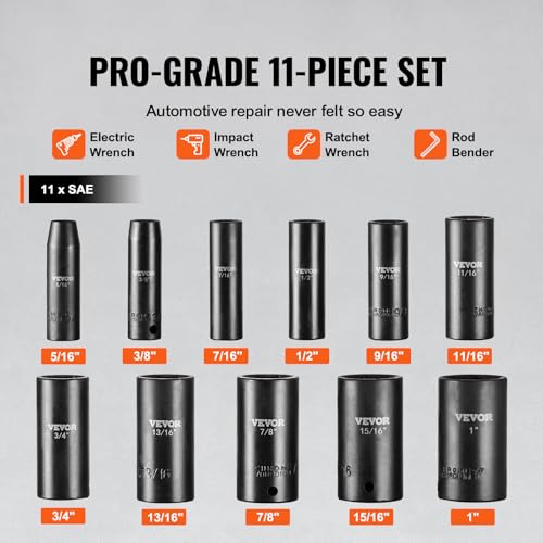 VEVOR 3/8" Drive Impact Socket Set, 11 Piece Deep Socket Set SAE 5/16"-1", 6 Point CR-V Alloy Steel for Auto Repair, Easy-to-Read Size Markings, Rugged Construction, Includes Storage Case - size: 3/8" 11PCS Deep