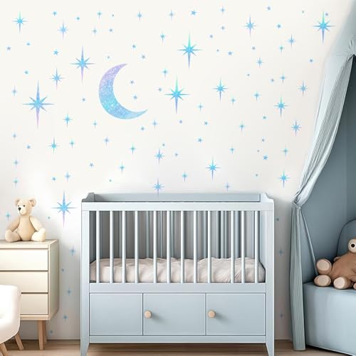 Retro Star Moon Wall Decals Sparkle Art Stickers Mid Century Modern Decor - color: Blue Star and Moon