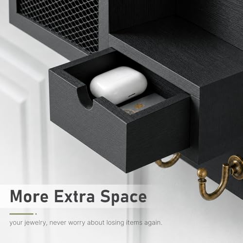 FifthQuarter Key Hooks for Wall with Drawer and 6 Sturdy Key Hooks, B-Black - color: B-Black