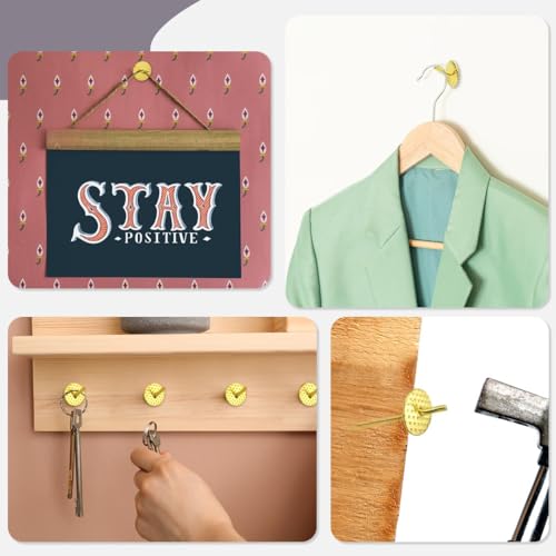 50 Pcs Picture Frame Hangers Kit Picture Hanging Tacks Picture Hangers for Drywall Wooden One Step Picture Hangers Nails for Mirror Photo Clock Iron Alloy Nail Hooks Plaster Picture Hanging Kit (Gold)