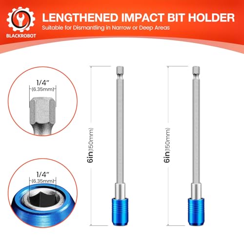 BLACKROBOT 2-Piece Magnetic Quick Change Impact Bit Holder, 6-Inch Long Drill Bit Extension for 1/4" Hex Drives, Ideal for Screwdriver Bits, Nuts, Drills and Socket Driver Adapters - size: 6 inch