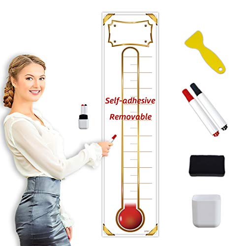 Fundraising Thermometer Chart Goal Tracker Decal - 48"x12" - Dry Erase Goal Setting Wall Poster Thermometer - Removable Giant Sales Goal Vinyal Sticker - color: Gold