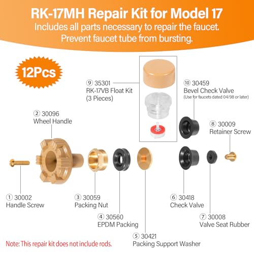 RK-17MH Outside Faucet Repair Kit Metal Handle - Replacement for Woodford Model 17 Outdoor Wall Hydrant, Frost-Free Design, EPDM Packing, 12-Piece Kit