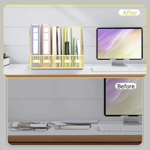 SUPEASY Desk Organizers Metal Desk Magazine File Holder with 5 Vertical Compartments Rack File Organizer for Office Desktop, Home Workspace, Gold Plus - color: Gold, size: Large