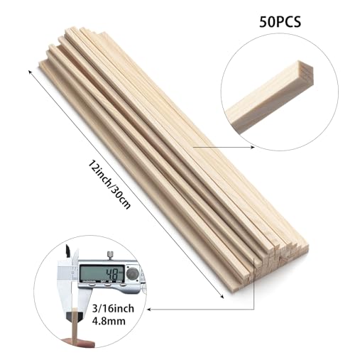 3/16" x 12" Square Wooden Dowel Rods Wood Dowels for Crafting, 50PCS Small Unfinished Wood Craft Sticks Hardwood Sticks Wooden Strips for Arts and DIYers, DIY Projects, Models Making, Woodworking - size: 3/16"×12"-50PCS