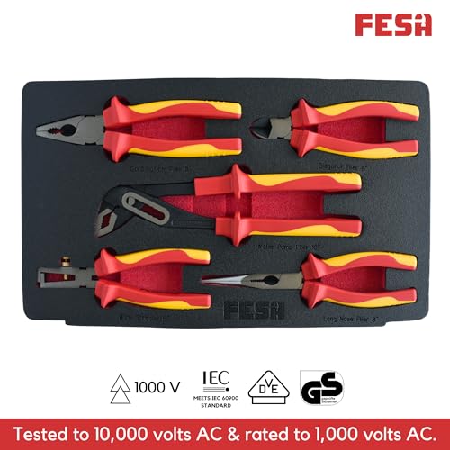 FESA Electrician Insulated Pliers Set - 1000V 5-Piece Professional Electrician Pliers Set with Chrome Vanadium (CR-V) Jaws & Soft-Grip Traction Handles - 1000V Insulated Tools for Electricians