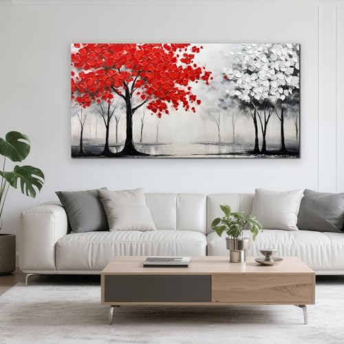 AUUZAIUA Large Canvas Wall Art Red and White Misty Forest Painting 29"x58" - size: 29"L x 58"W