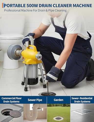 500W 400 RPM Auto Feed Electric Drain Cleaner Machine (66FT x 5/8" + 16FT x 3/8", Yellow and Sliver) - color: Yellow and Sliver