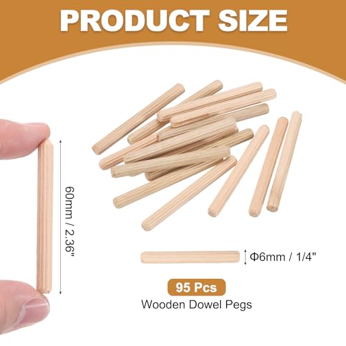 PATIKIL 95 Pcs Wood Dowel Pins 1/4" x 2 3/8" Fluted Wooden Dowels Hardwood Pegs for Woodworking Furniture DIY Crafts Projects Door Art - size: 1/4" x 2 3/8"