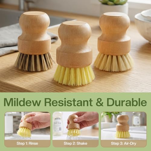 Wooden Dish Brush Handheld Bamboo Wok Brush Scrubber for Dishes Pans Pots Fruit and Veggie Washing(3,Beige Brown and Yellow) - color: Beige Brown and Yellow