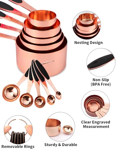 Joyhill Copper Measuring Cups and Spoons Set of 10 Piece, Stainless Steel Nesting Measuring Cup Set with Soft Touch Silicone Handles for Dry and Liquid Ingredients - color: e)Rose gold-Black