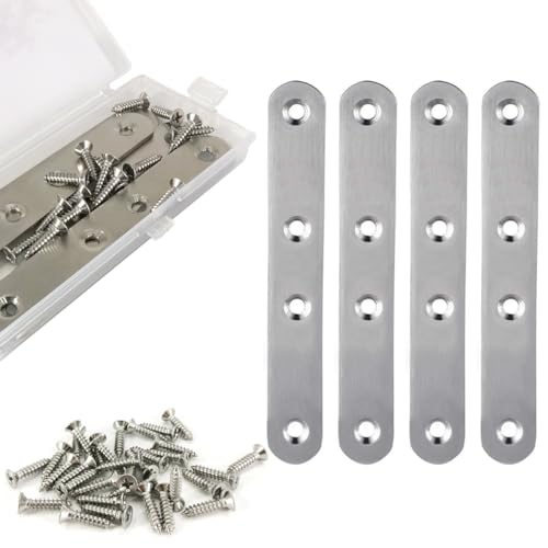 QSJ 4 Pack Flat Straight Bracket Mending Plate for Wood Stainless Steel Straight Brackets 125mm / 4.9" Wood Brace with Screws - size: Silver, 4.9 Inch