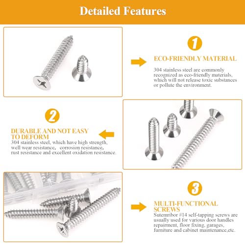 55 Pieces #14 x 3/4" 1" 1-1/4" 1-1/2" 2" Wood Screws Set, Phillips Countersunk Head #14 Self-Tapping Screws Assortment Kit, 304 Stainless Steel - size: #14, style: Phillips Countersunk Head