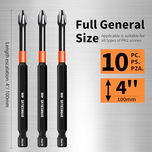 DYRECELVE 10-Piece Phillips Bits #2 Impact, 4-Inch Long Screwdriver Bits - color: 4'' Ph2 10-pcs