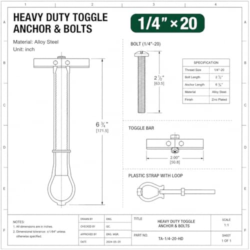 10PCS 1/4"-20 Toggle Bolts for Drywall, Metal Strap Anchors - size: 10pcs