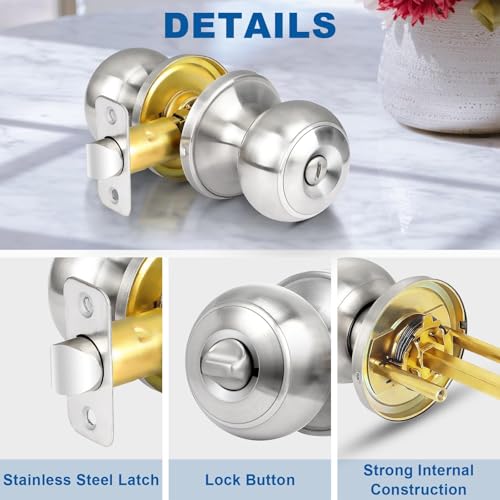 Sopoby Privacy Door Knob, 5 Pack Brushed Nickel Round Keyless Doorknobs - color: Brushed Nickel