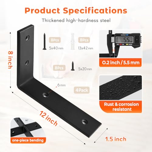 WINKER Shelf Bracket 12 Inch 12 Inchx8 Inchx1.5 Inch Heavy Duty Black Brackets for Shelves Corner L Bracket for Wall Shelves Metal Iron Shelf Brackets - color: Black-4pack, size: 12"Lx8"Wx1.5"W