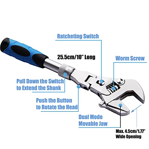 2 in 1 Flex Head Adjustable Wrench, Reversible Jaw Pipe Wrench with 10”-12” Retractable Extension Shank and 180⁰ Rotatable Head
