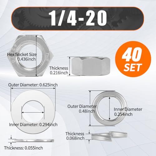 #1/4-20 Nuts and Washers Assortment Kit, Hex Nut Spring Washer Flat Washer | 120pcs 304 Stainless Steel Assorted Washers with Nuts for Screws Bolts, SAE - color: steel gray, size: SAE 1/4-20
