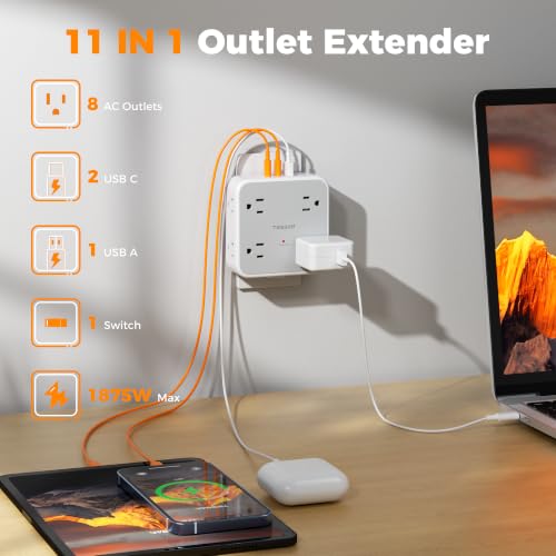 TESSAN PD 20W Surge Protector Outlet Extender with 8 Outlets Wall Charger - color: Grey, size: 1 USB-A+2 USB-C