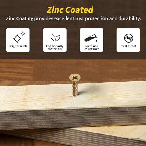 240PCS Wood Screws Assortment Kit, FIXLINK Zinc Coated Flat Head Screws Set - color: Yellow Zinc