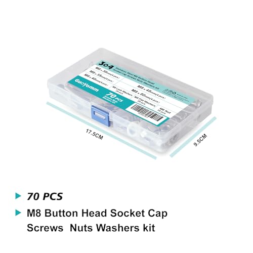 70 PCS M8 x 30mm 35mm 40mm 45mm 50mm, Button Head Socket Cap Screws Bolts Washers Nuts Assortment Kit, Stainless Steel 304, Metric Allen Hex Drive - size: Button M8x30/35/40/45/50 mm