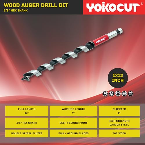 1" x 12" Auger Drill Bit for Wood, Hex Shank 3/8 Inch, 2-Flute Spiral, High Carbon Steel, 90 Degrees Cutting Angle, Silver Finish, Pack of 1 - size: 1 in, style: Length: 12"
