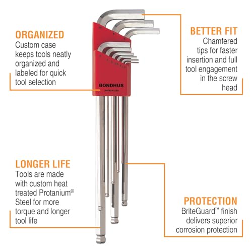 Bondhus 17099 Set of 9 Balldriver L-wrenches with BriteGuard Finish, Extra Long Length, sizes 1.5-10mm