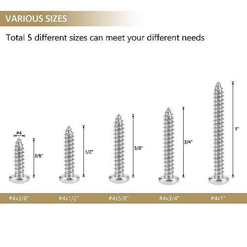 212 Pieces #4 x 3/8" 1/2" 5/8" 3/4" 1" Phillips Pan Head Self-Tapping Screws, Wood Screws Assortment Kit, 304 Stainless Steel - size: #4