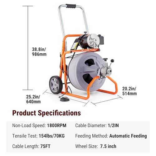 HoldwellS 75FT x 1/2 Inch Drain Cleaner Machine, Auto Feed Electric Drain Auger for 2"-4" Pipes, Enclosed Plastic Drum with 4 Cutters & Pneumatic Foot Switch, Sewer Snake Auger - color: 75FT x 1/2inch (Auto Feed)