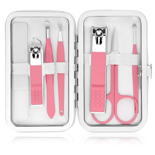Manicure Set Women Nail Kit with Nail Clippers Eyebrow Tweezers Glass Nail File with Case Manicure Pedicure Kit Grooming Kit Personal Care Tools for Home Outdoor Travel Gift Giving Salon - color: Pink