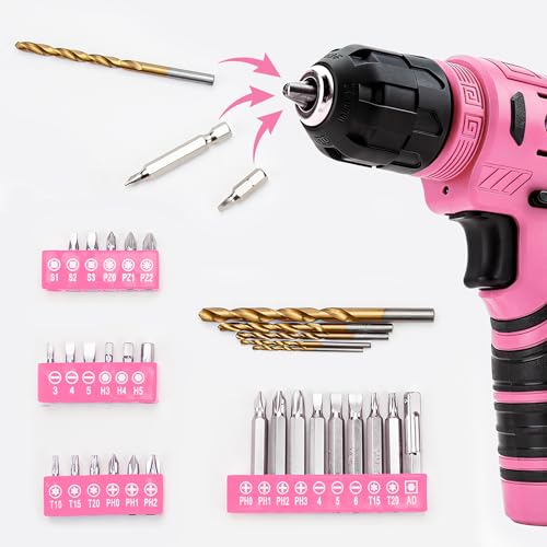 CARTMAN 150-Piece 8V Cordless Drill Hand Tool Set Pink Household Repair Kit - color: Pink