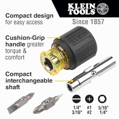 Klein Tools 32561 Multi-Bit Screwdriver/Nut Driver, 6-in-1 Stubby Screwdriver with 2 Phillips, 2 Slotted, 2 Nut Drivers - style: 6-in-1 Stubby