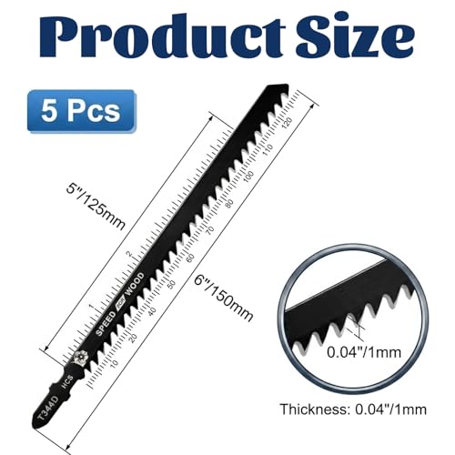 5 Pcs T344D Long Jigsaw Blade, 6 Inch T Shank Jigsaw Blades Jig Saw Blade Set for Quick Cutting Wood Hardwood Metal Plywood Black