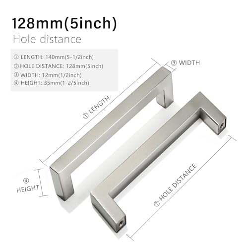 Cabinet Pulls Brushed Nickel Cabinet Handles Square Drawer Pulls, 5 Pack 5 Inch Stainless Steel Kitchen Door Cupboard Cabinet Handles, Cabinet Hardware Drawer Handles, 128mm Hole Centers - color: Brushed Nickel, size: Two Hole - 5 inch Hole Centers(128mm)