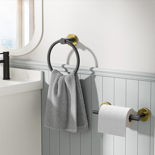 FORIOUS Toilet Paper Holder and Towel Ring Set, Bathroom Accessories Set - color: Matte Black & Brushed Gold