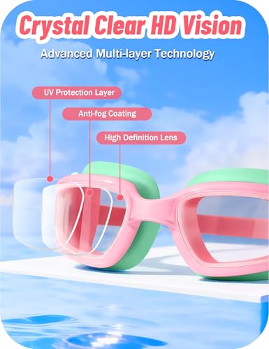 Vvinca Kids Swim Goggles, Swimming Goggles for Kids 3-14 Anti-Fog UV Protection No Leak Pool Glasses for Boys Girls - color: 05- Green & Pink